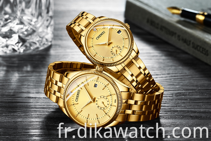 Hot 069 CHENXI All Gold Couple Watch Fashion Simple et beau calendrier Montre à quartz